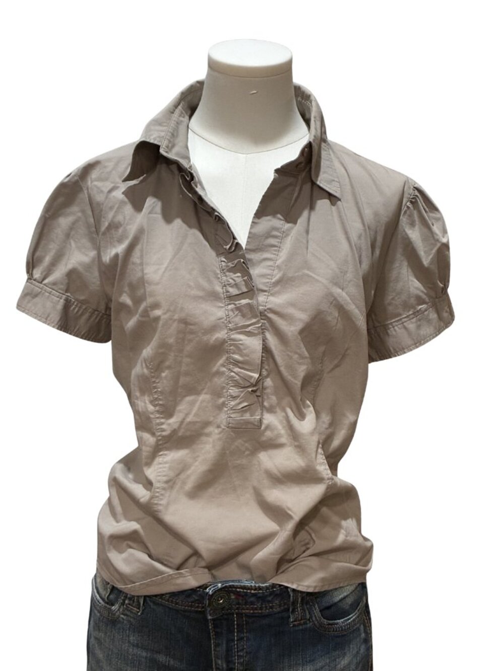 New York & Company Y2K Taupe Ruffle Front Puff Sleeve Collared Blouse Top M